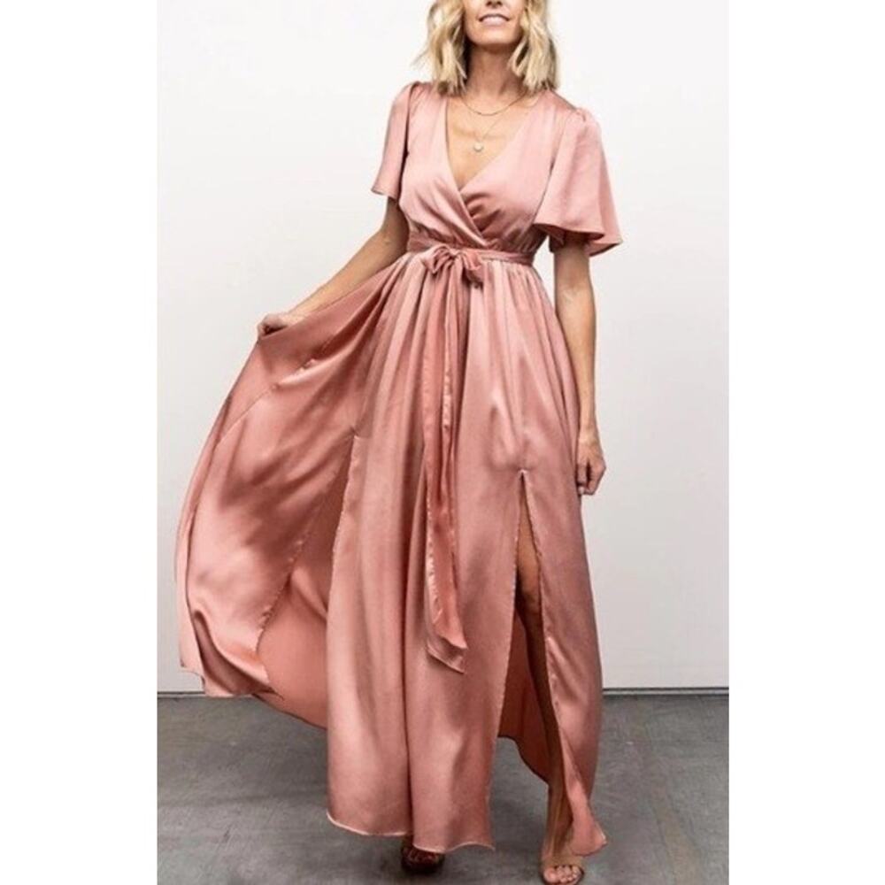 Baltic Born Sicily Satin Belted Wrap Maxi Dress Medium Pink Formal Wedding Guest